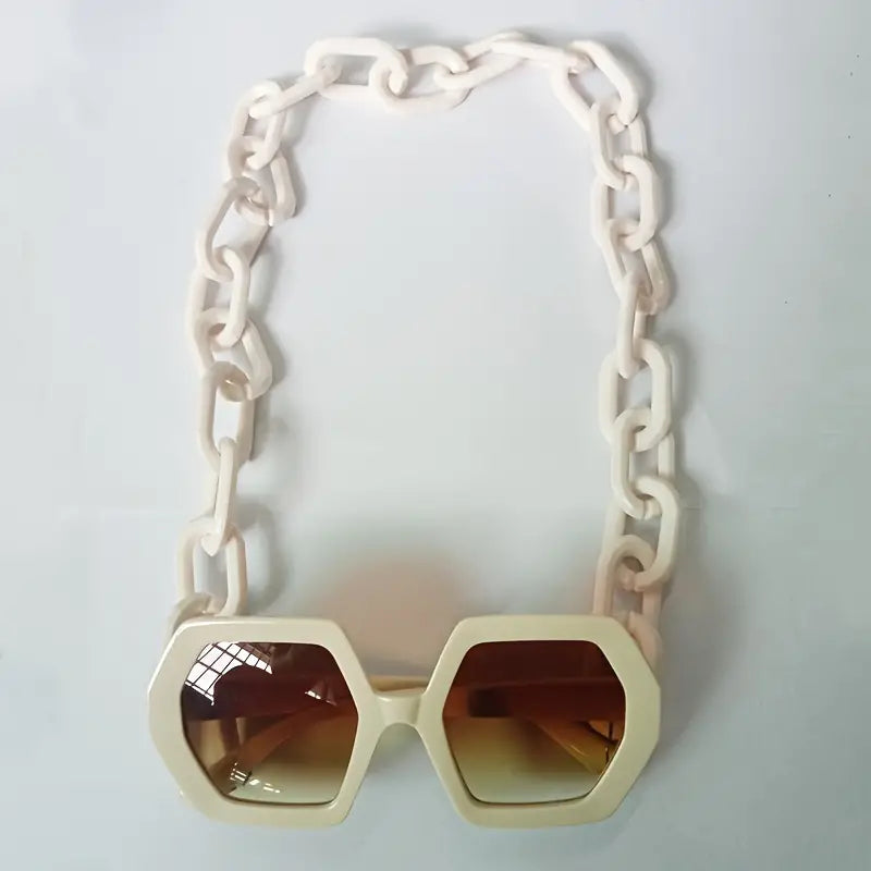 Oversized Polygon Sunglasses w Chain