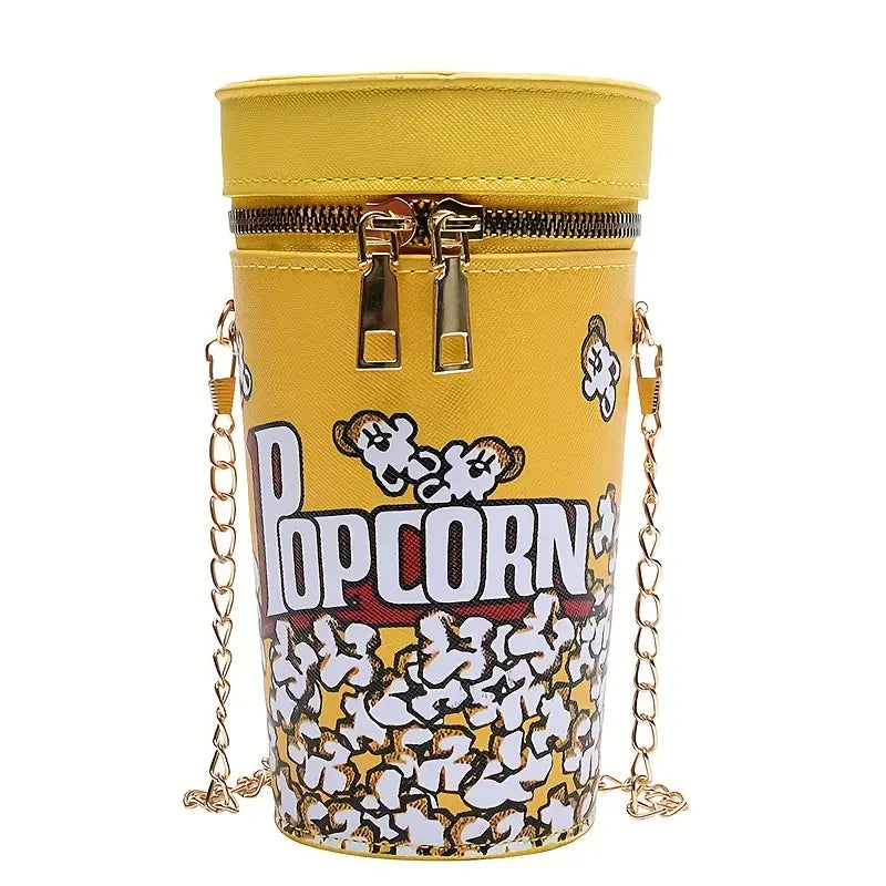 Mini Popcorn Bucket Shaped Metal Chain Crossbody Bag