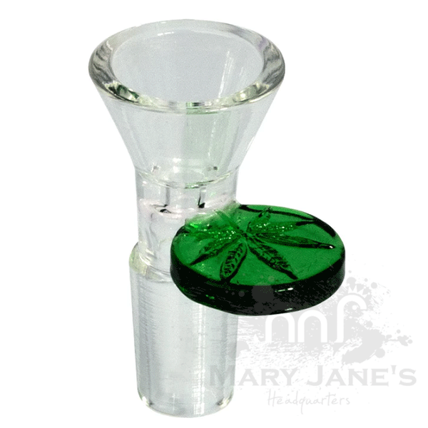 Red Eye Glass 14mm Cone Pull-Out Bong Bowl w/ Leaf Stamped Handle-Green