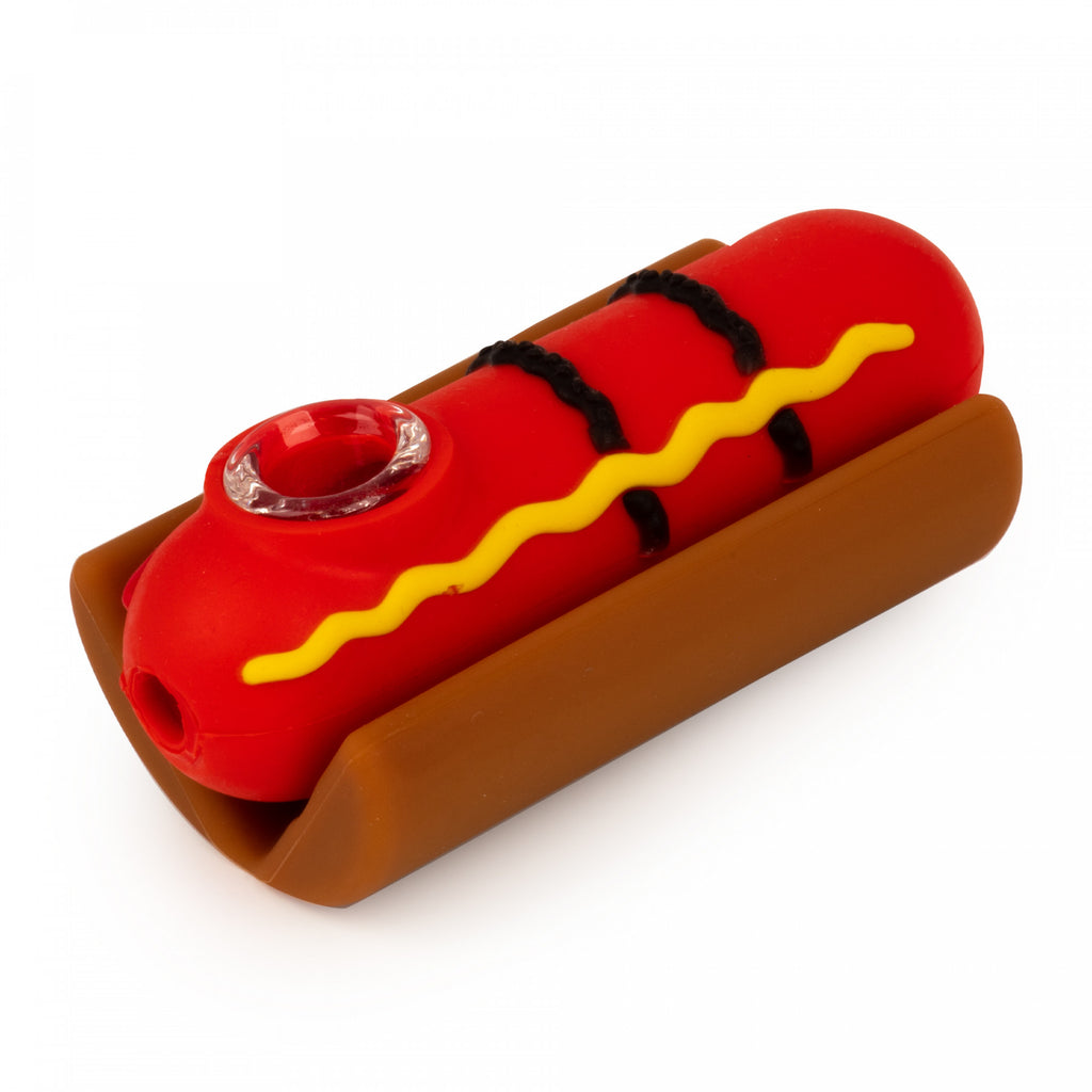 Lit Silicone 4" Hot Dog Hand Pipe W/ Glass Bowl