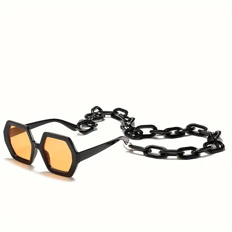 Oversized Polygon Sunglasses w Chain