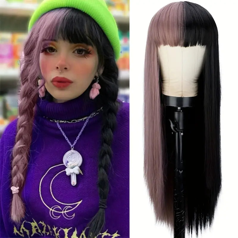 Wigs Black Split w Color and Bangs