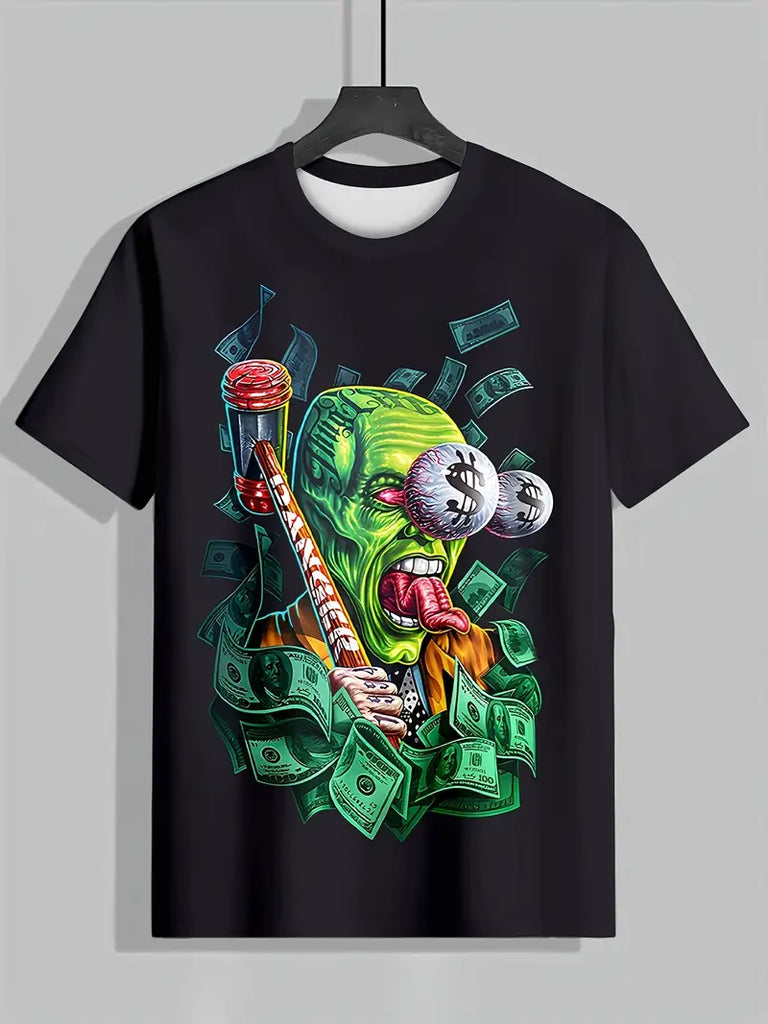 Rave Cartoon Style Monster And Dollar Pattern Crew Neck