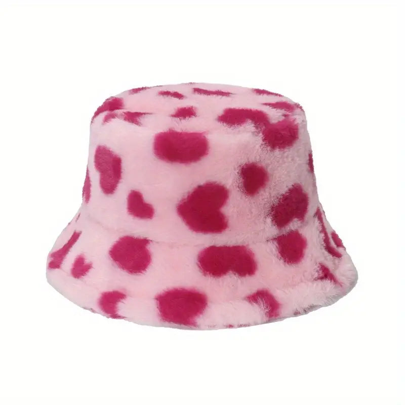 Heart Print Fuzzy Bucket Hats
