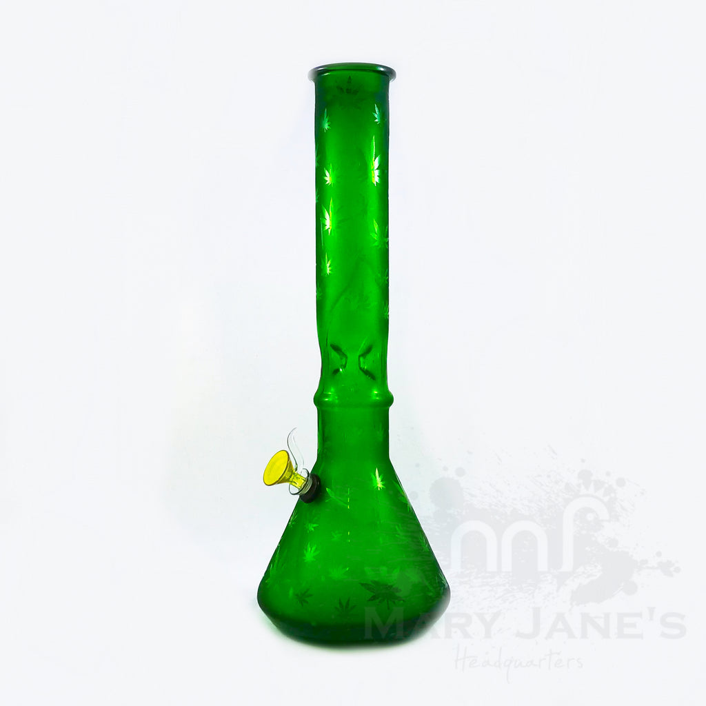 Retro Glass Etched Multi Leaf Beaker Bong W/ Ice Pinch - 16"