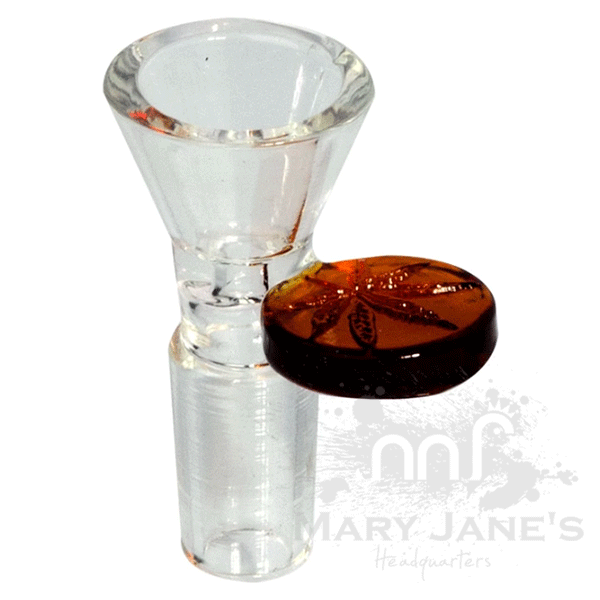 Red Eye Glass 14mm Cone Pull-Out Bong Bowl w/ Leaf Stamped Handle-Amber