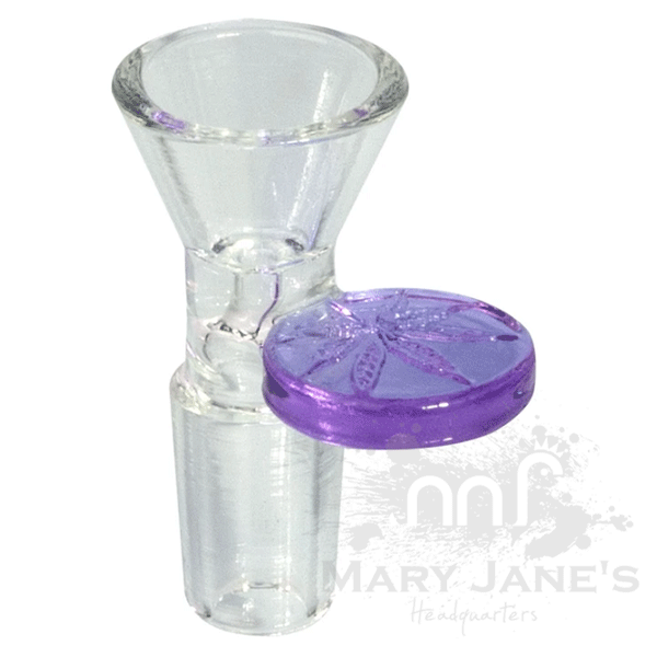 Red Eye Glass 14mm Cone Pull-Out Bong Bowl w/ Leaf Stamped Handle-Purple