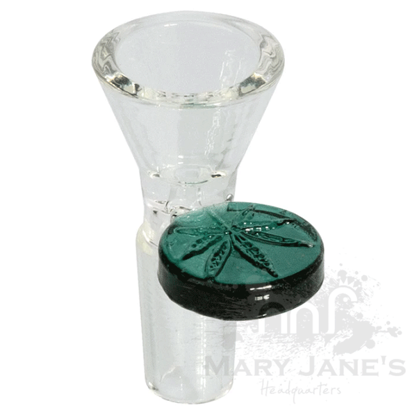 Red Eye Glass 14mm Cone Pull-Out Bong Bowl w/ Leaf Stamped Handle-Teal